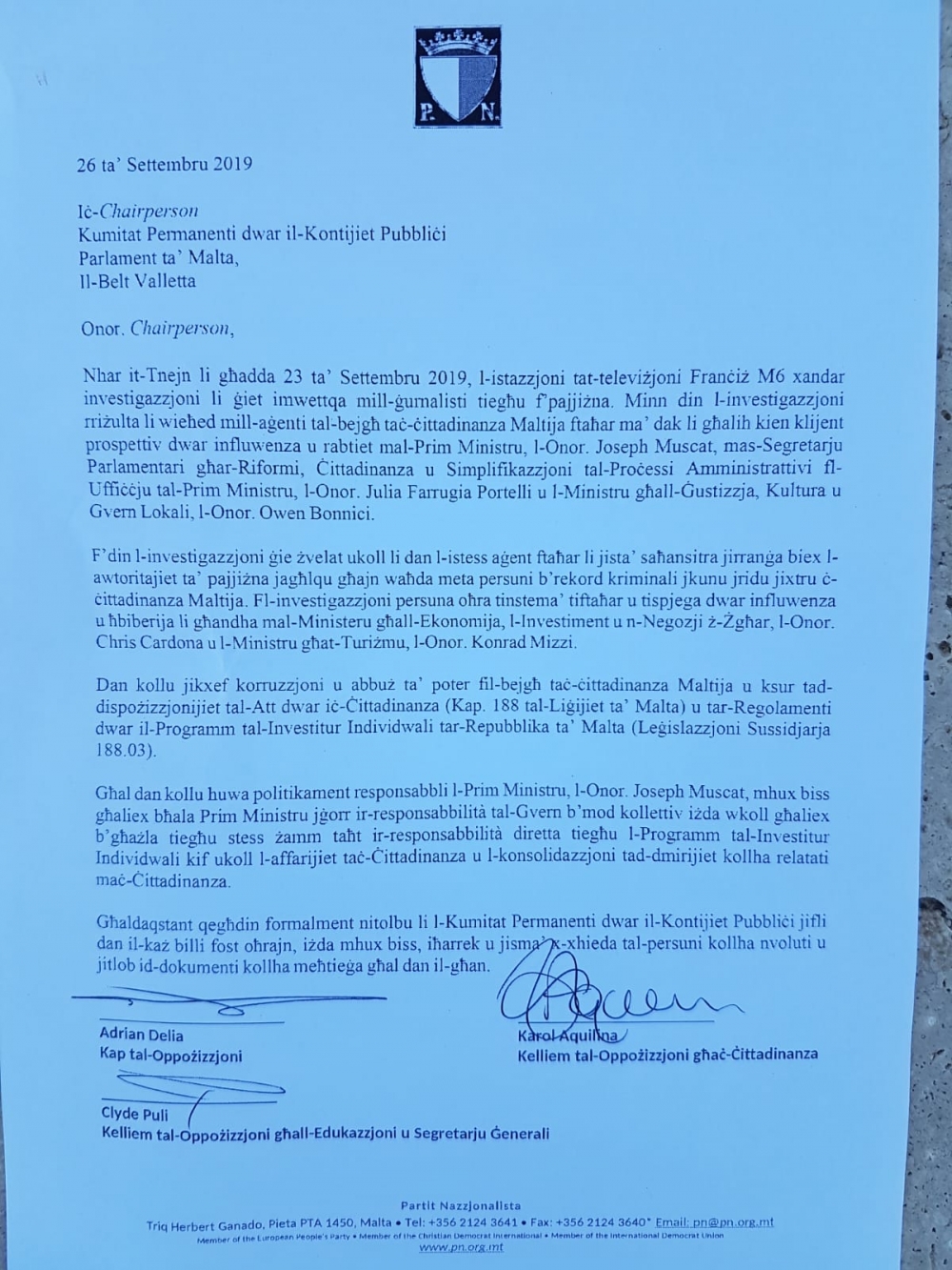 L-ittra li l-PN ippreżenta quddiem il-Kumitat għall-Kontijiet Pubbliċi
