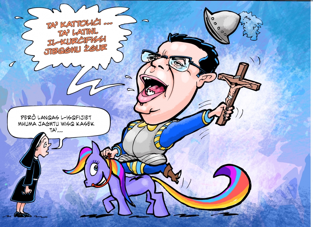 Karikatura ta' Adrian Delia li akkuża lil Muscat li jrid ineħħi l-kurċifissi minn postijiet pubbliċi | Karikaturist; Mikiel Galea