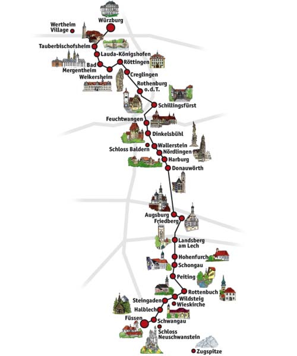 200 kilometru ta triq Romantika minn Fussen ghal Wurzburg
