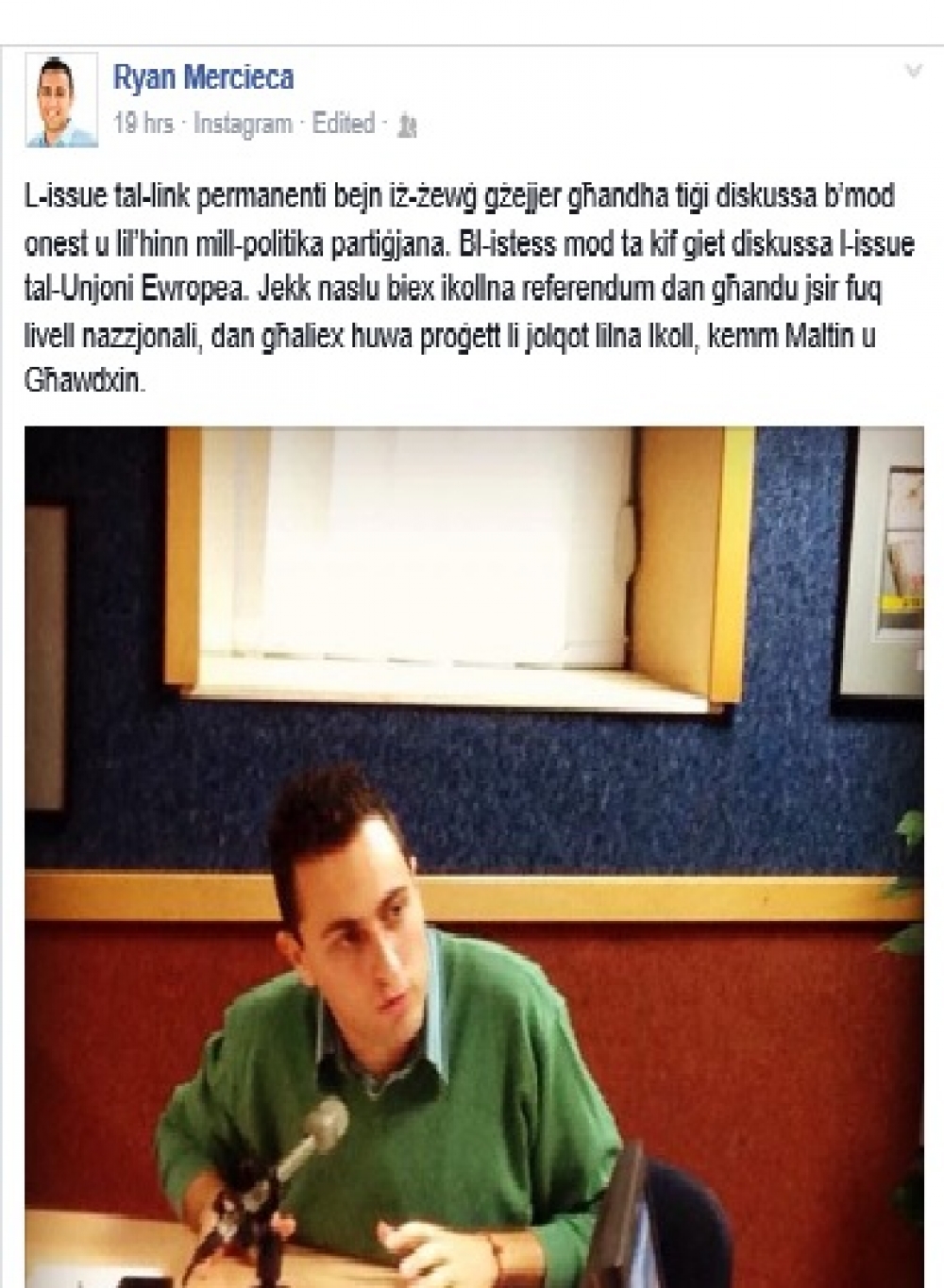 Il-post ta' Ryan Mercieca fuq Facebook
