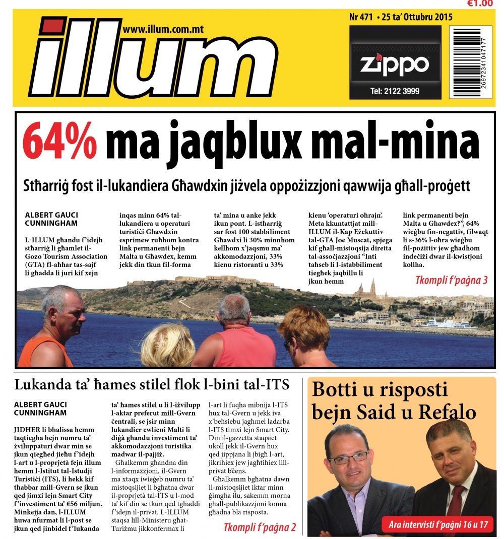 Il-faċċata tal-gazzetta ILLUM tal-25 t'Ottubru li tiżvela pjanijiet għall-ITS f'San Ġiljan u ż-żona