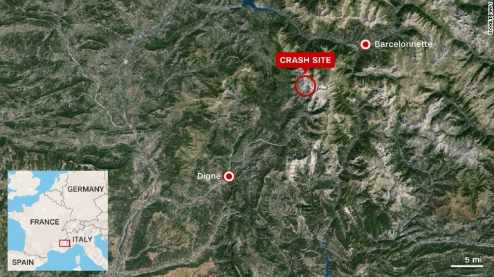 Is-sit fejn iġġarraf l-ajruplan fl-Alpi fi Franza (Ritratt: CNN) 