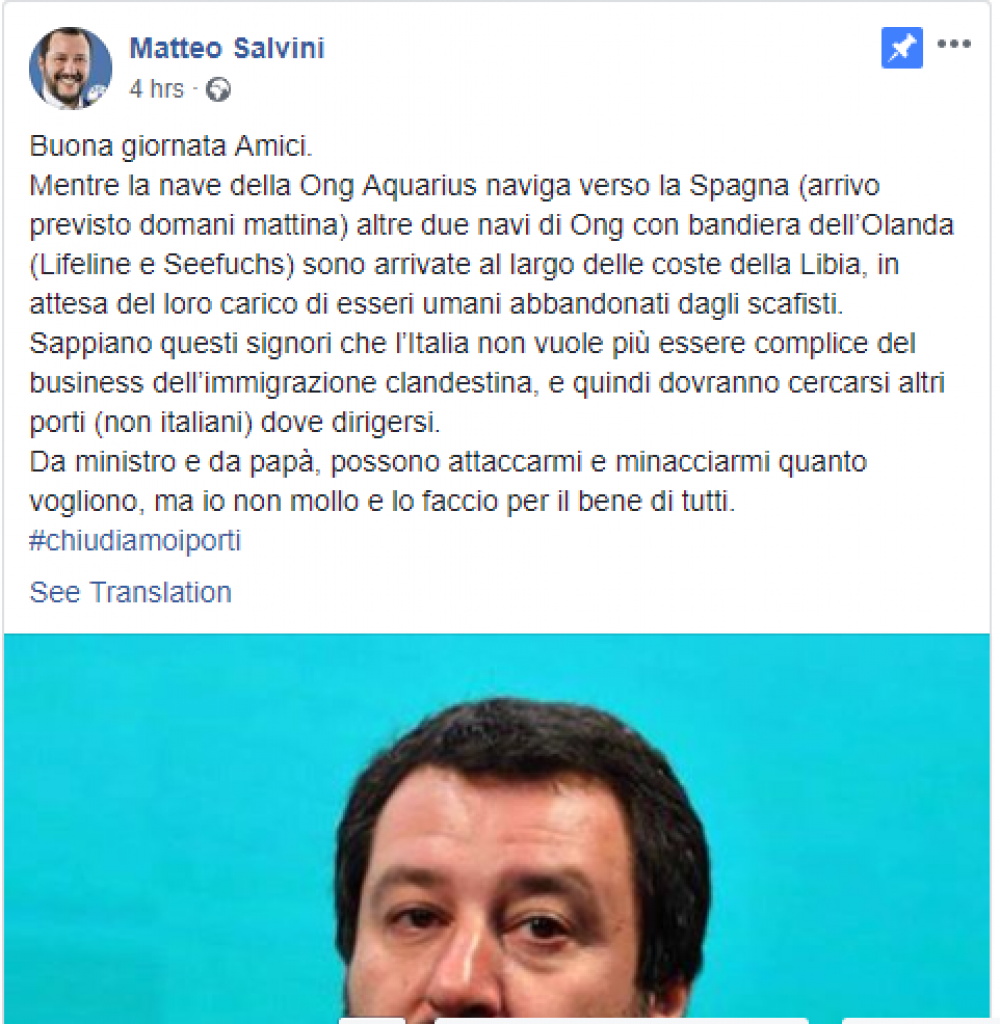 Il-messaġġ ta' Salvini fuq Facebook