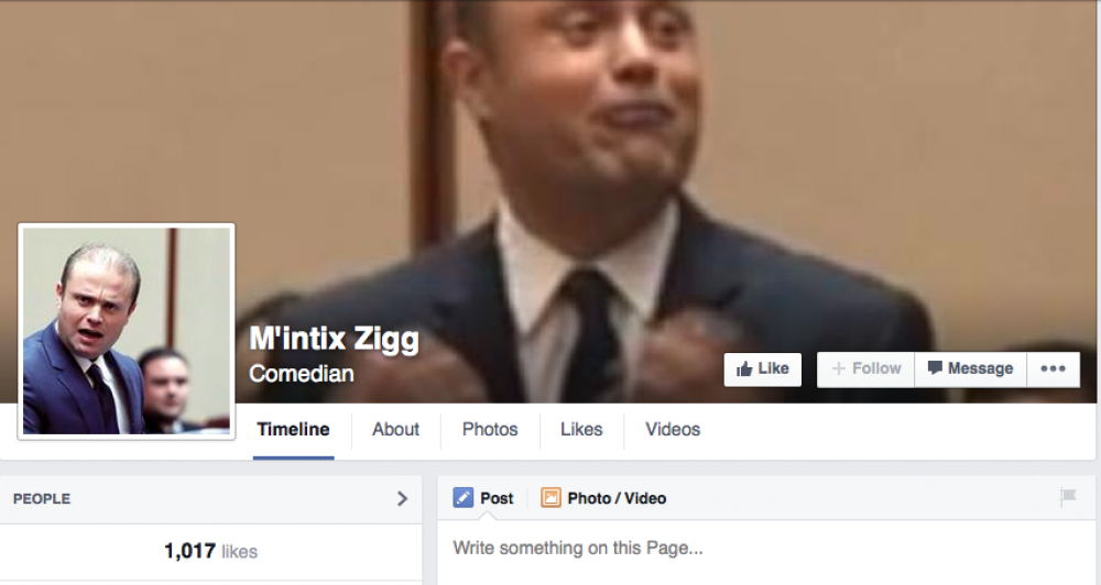 Paġna fuq Facebook bl-isem ‘M’intix żigg’ taħt il-kategorija ta’ kummidjanti u għandha madwar 1,000 like