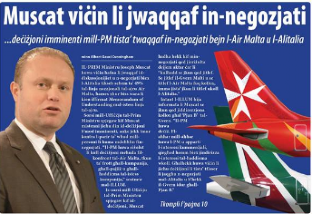 Il-faċċata tal-gazzetta ILLUM tal-Ħadd li għadda...b'rapport dwar possibilutà imminenti li Muscat iwaqqaf in-negozjati mal-Alitalia