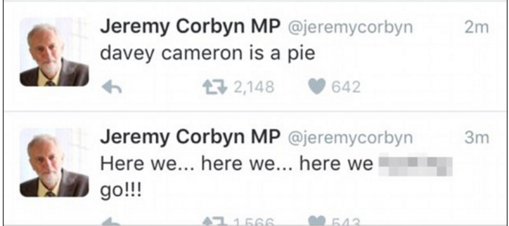 il-kumment fejjn jgħajjar lil Cameron torta...wara li l-kont ta' Twitter ta' Corbyn kien iħħekjat