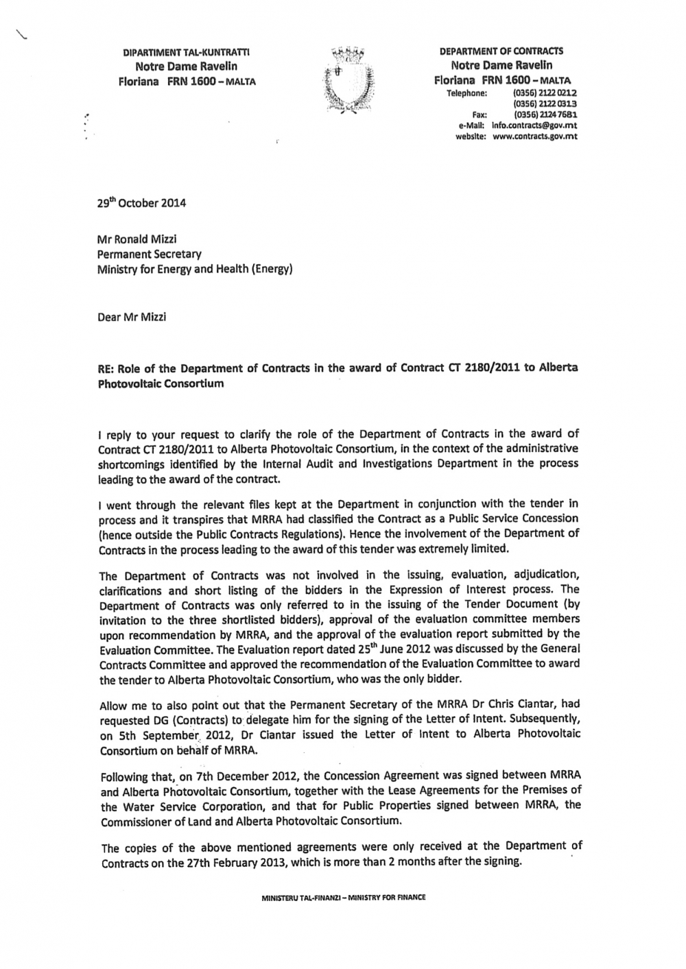 Ittra mingħand id-dipartiment tal-kuntratti
