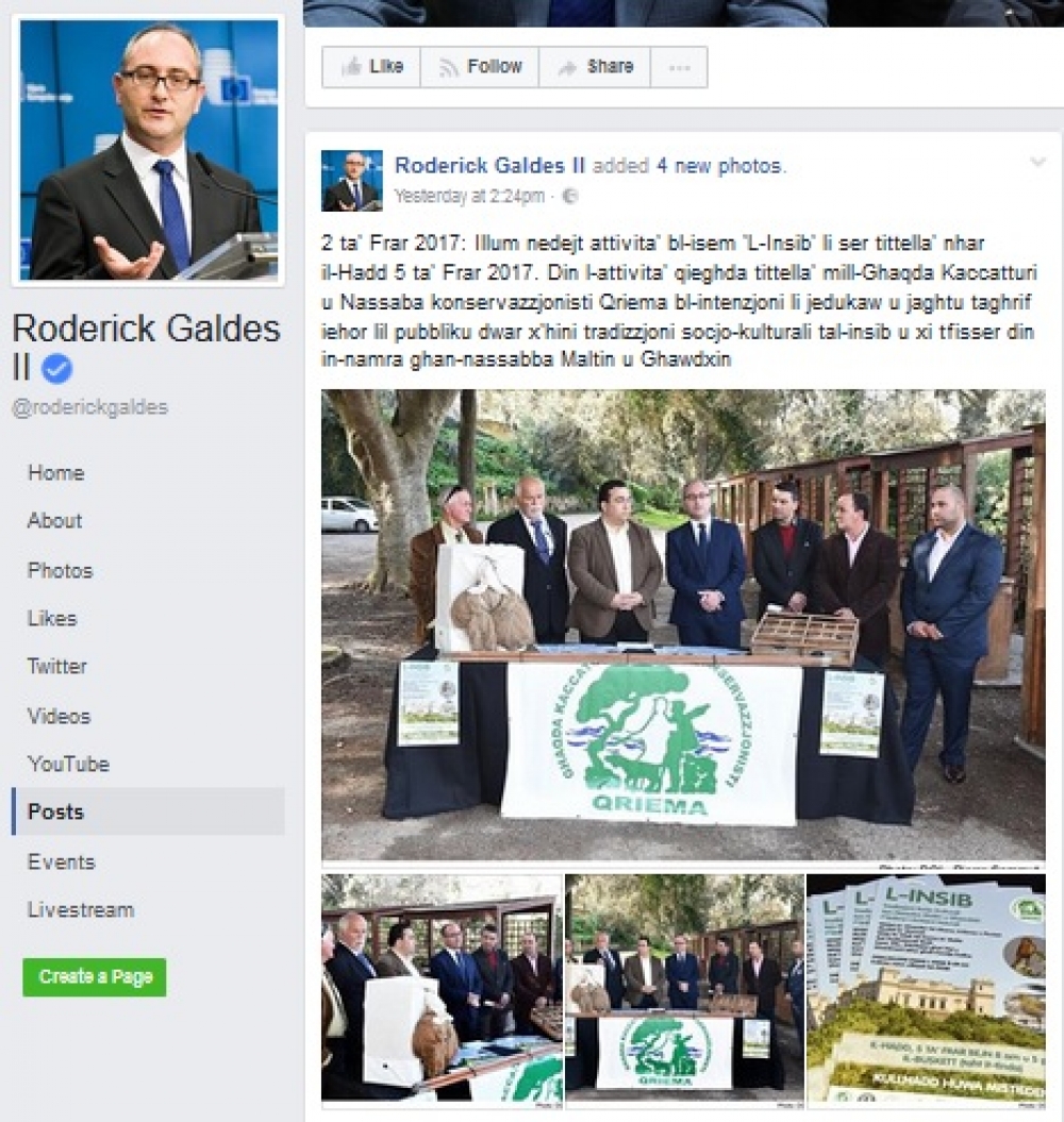 Roderick Galdes jippromwovi attività tal-insib fuq il-paġna Facebook tiegħu