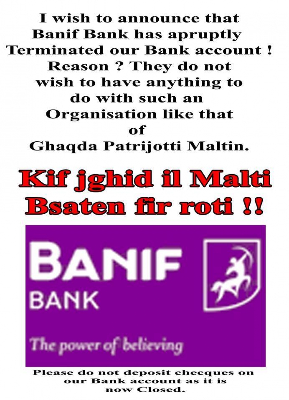 Ir-riklam li tellgħet l-Għaqda dwar it-terminazzjoni tal-kont bankarju mill-Banif Bank