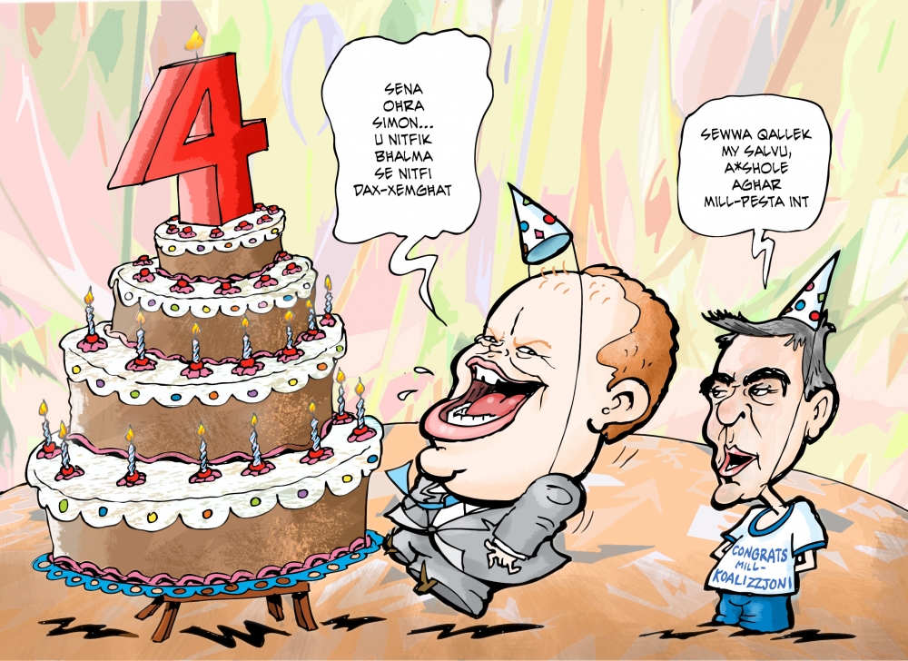 Karikatura mpinġija minn Mikiel Galea