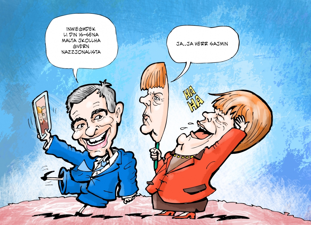 Karikatura mpinġija minn Mikiel Galea