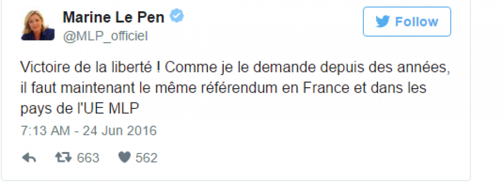 L-ewwel reazzjoni ta' Le Pen, favur referendum fi Franza wkoll