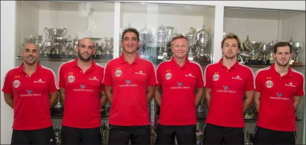 Il-persuni indispensabbli ta’ Neptunes Grimaldi li rebħu l-ħames kampjonati konsekuttivi - mix-xellug il-captain Niki Lanzon, Michele Stellini, Tamas Molnar, il-kowċ Russu Sergey Marcoch u l-aħwa Stevie u Jordan Camilleri