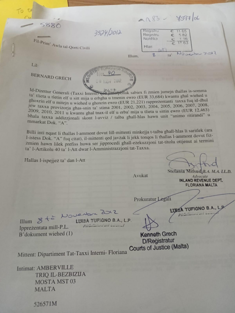 Waħda minn notifiki tal-Qorti