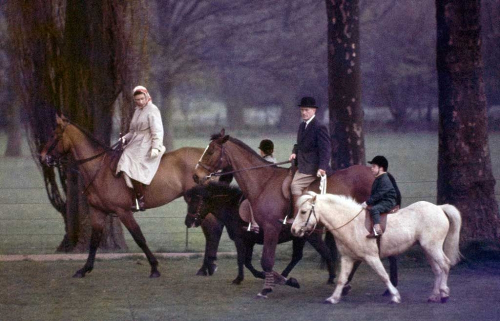 Ir-Reġina Eliżabetta, riekba fuq is-Sultan, hija akkumpanjata Lord Linley u l-Prinċep Andrew f'Windsor Park.