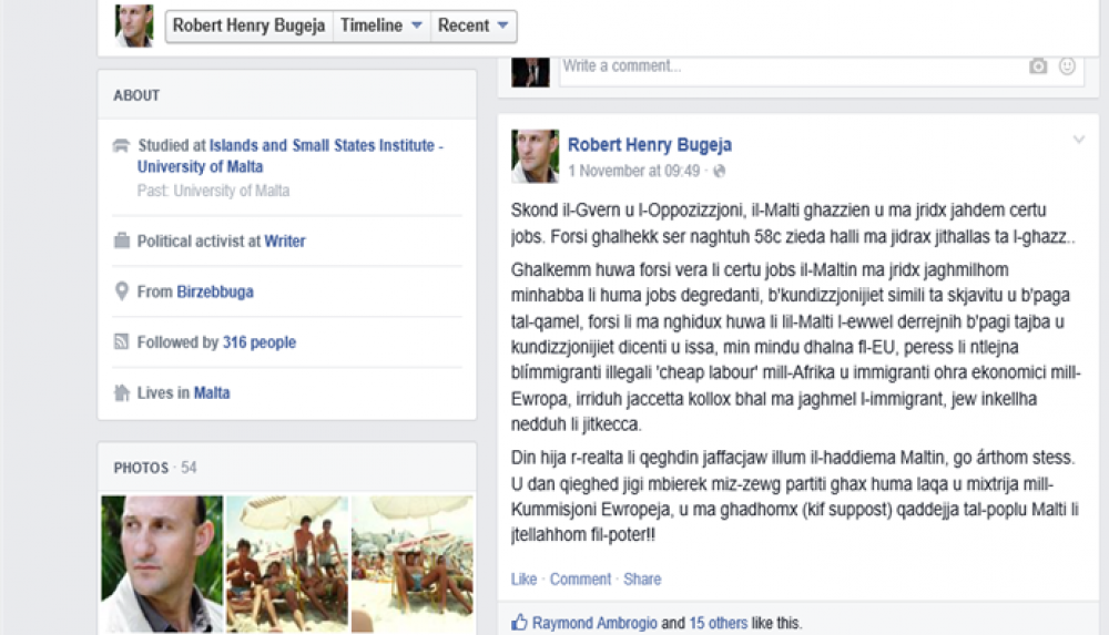 Il-kritika tiegħu fuq is-sit soċjali Facebook