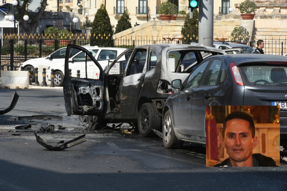 Il-karozza li ħadet in-nar iktar kmieni llum fl-Imsida, u Romeo Bone (inset) li weġġa serjament fl-isplużjoni | ritratt: Chris Mangion