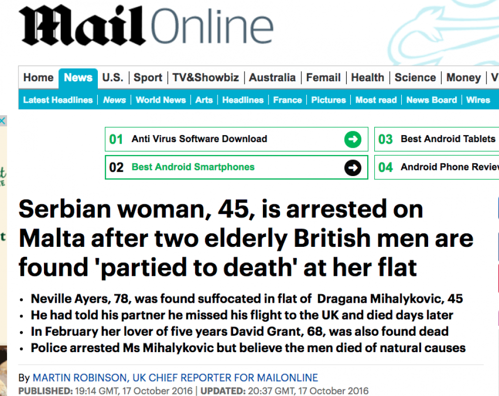 id-Daily Mail Online tirrapporta dwar il-mewt f'Malta ta' żewġt irġiel Ingliżi