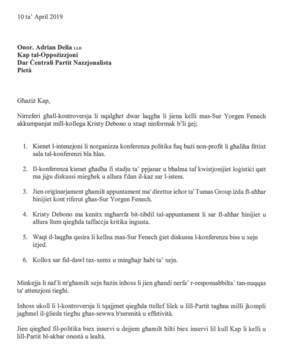 L-ittra li Hermann Schiavone bagħat lill-Kap tal-Oppożizzjoni Adrian Delia
