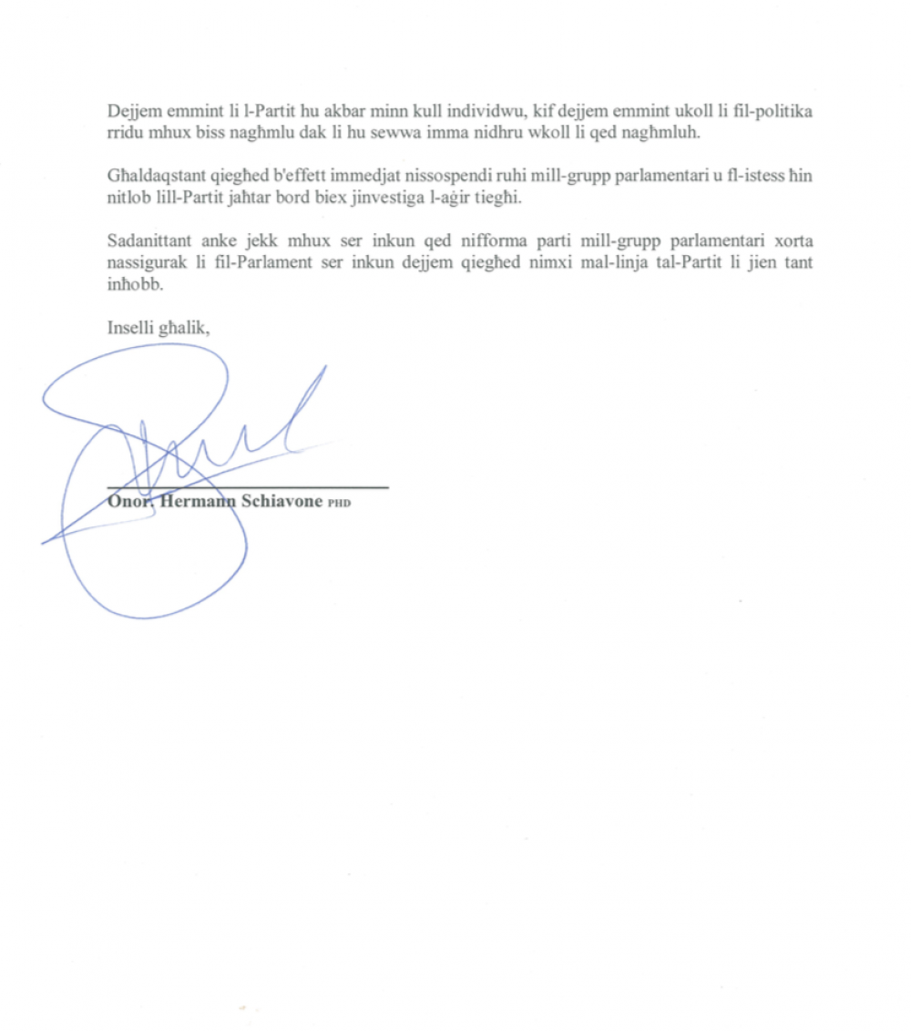 L-ittra li Hermann Schiavone bagħat lill-Kap tal-Oppożizzjoni Adrian Delia