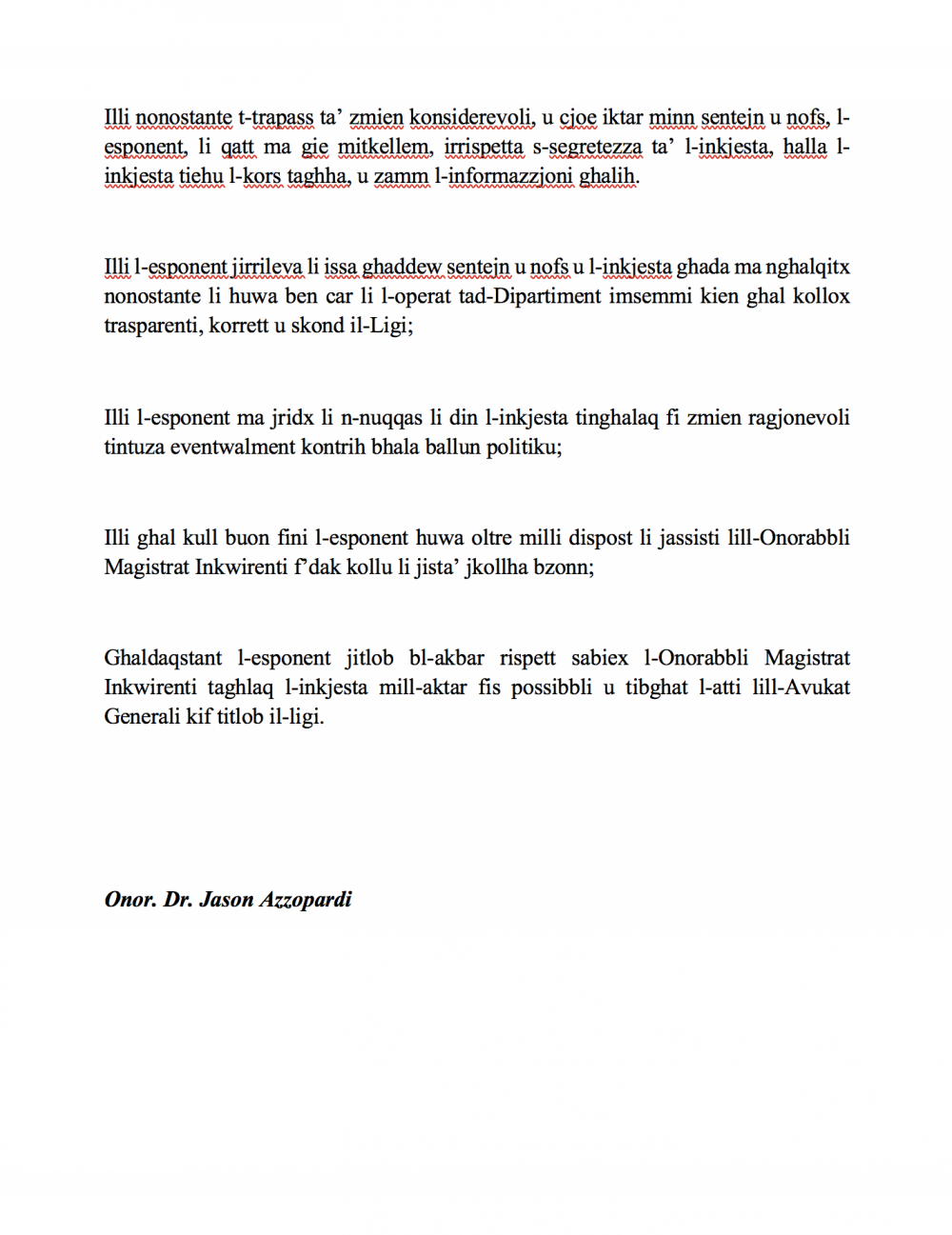 Ir-rikors li kien ippreżenta Azzopardi biex jixhed fl-inkjesta