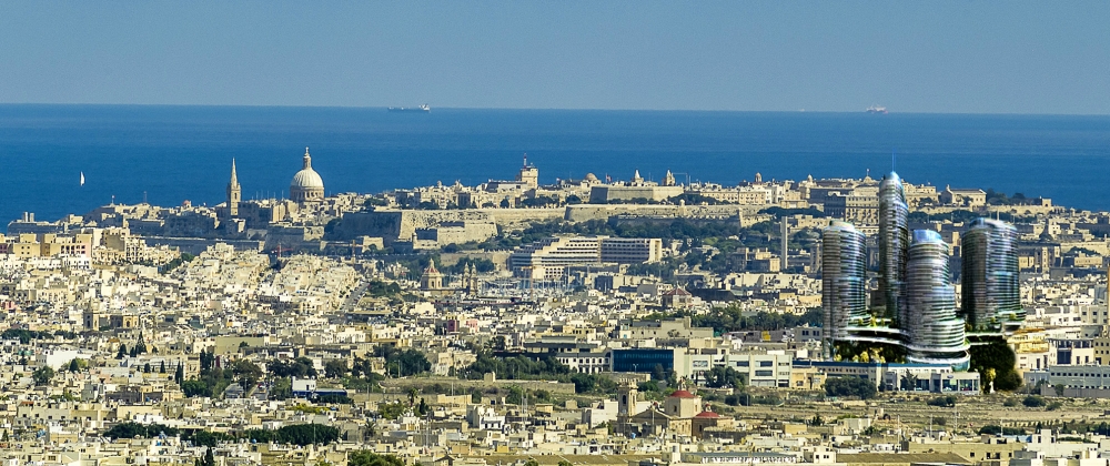 Impressjoni artistika tal-bini għoli li jimblokka l-veduta bejn l-Imdina u l-Belt Valletta