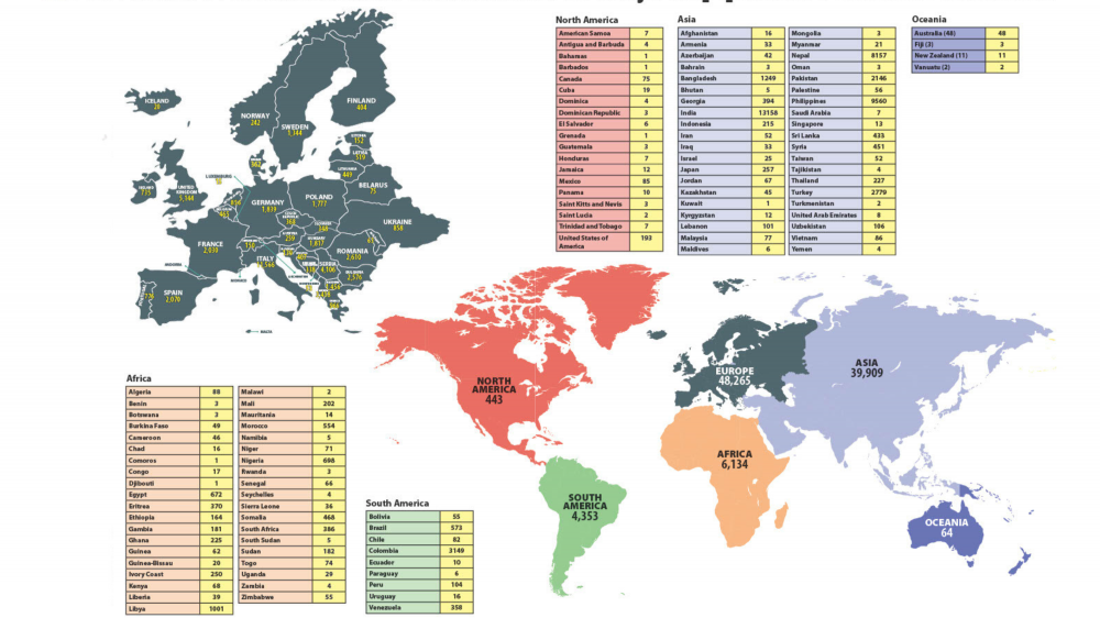 Mappa tad-dinja li turi minn fejn huma l-barranin li qed jaħdmu Malta
