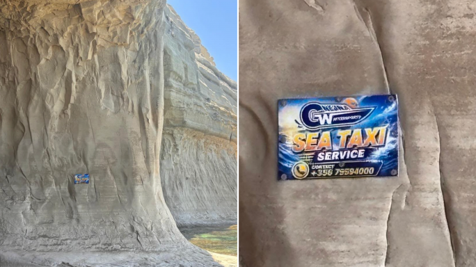 Reklam ta’ servizz marittimu jitpoġġa fuq il-ħajt tal-Għar ta’ Ta’ Marija fil-Ġnejna