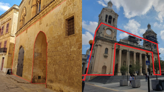 Ritratti mis-sit tal-PA; fuq ix-xellug: il-Palazz ta' Santa Sofia u fuq il-lemin: Il-knisja ta' Raħal Ġdid